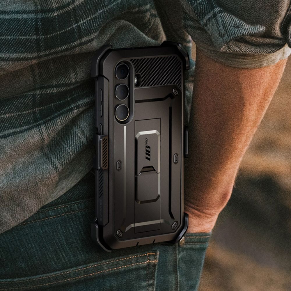 Etui pancerne z osłoną na ekran, z wbudowaną podstawką i kaburą z klipsem obrotowym Supcase Unicorn Beetle Pro do Galaxy S24 Plus, czarne